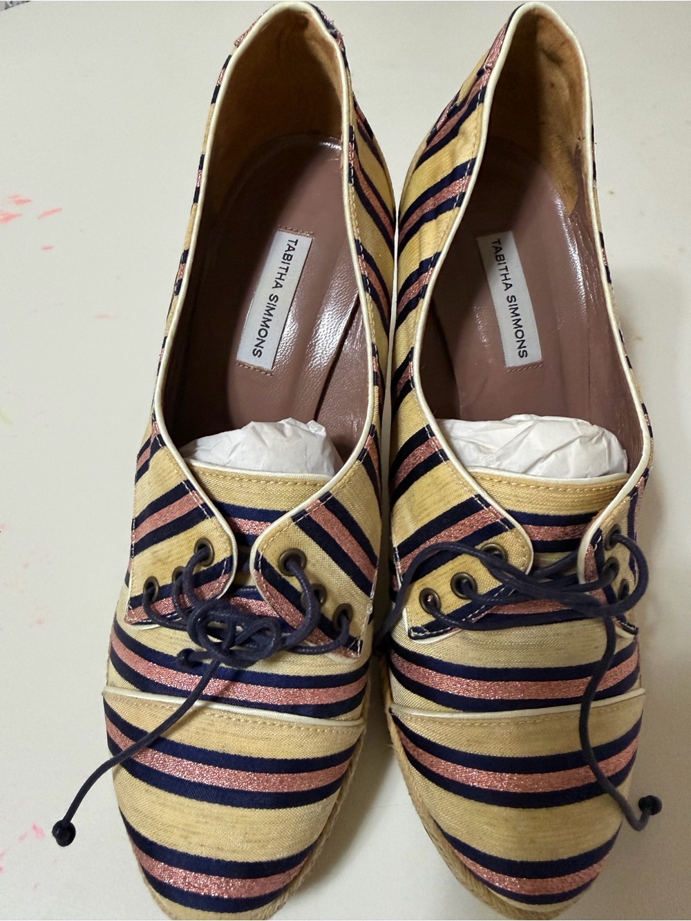 Tabitha Simmons Yellow Navy Pink Striped Lace-Up Flats Size 37